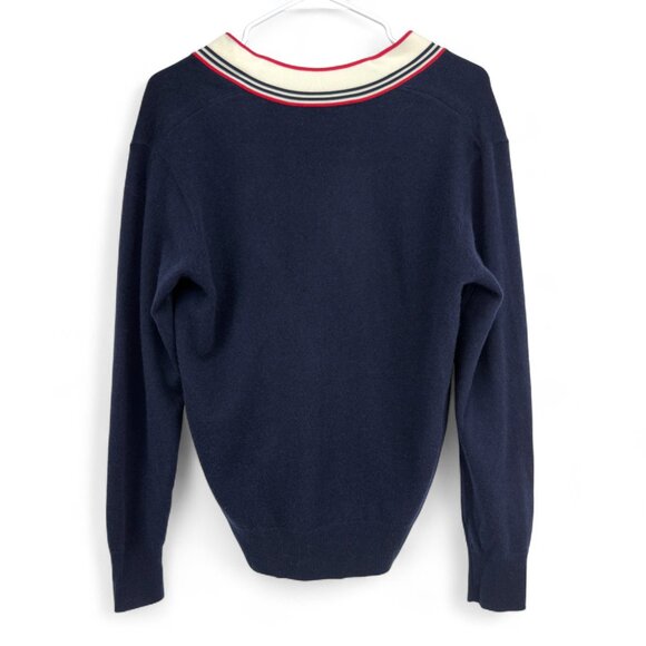 SANDRO “Steven” Preppy Wool Cashmere Sailor Navy White Red V-Neck Sweater S - Picture 10 of 15